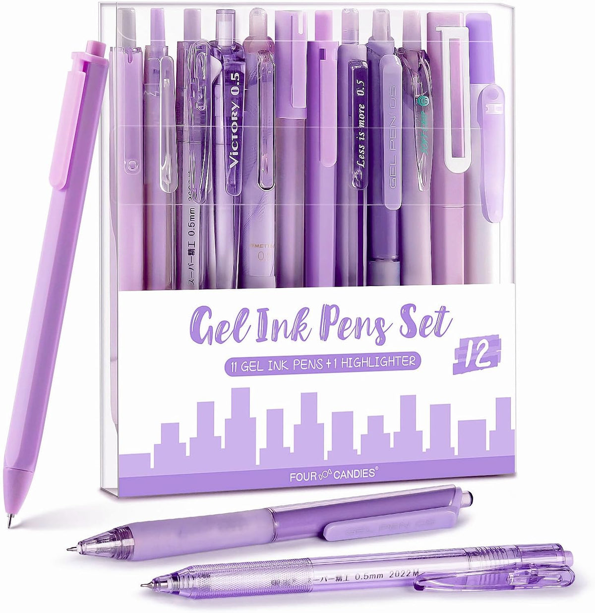 Four Candies Lavender Series Gel Pens, Black & Purple Ink Writing Pens with 0.5 mm Smooth Fine Point, School Office Stationery Supplies Desk Accessories Stocking Stuffers Gifts for Women, Set of 12