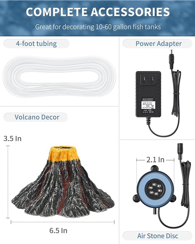 Uniclife Aquarium Volcano Ornament Kit Realistic Resin Volcanic Decoration with Air Stone Bubbler Red LED Light Decor for Fish Tank Landscape Addition and Oxygenation