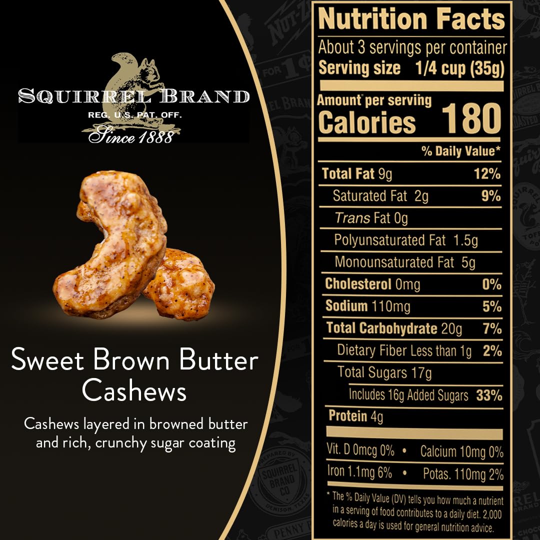 Squirrel Brand Sweet Brown Butter Cashews, 3.5 oz Resealable Bag, Gourmet Flavored Cashews Nuts, Gluten Free, Vegetarian