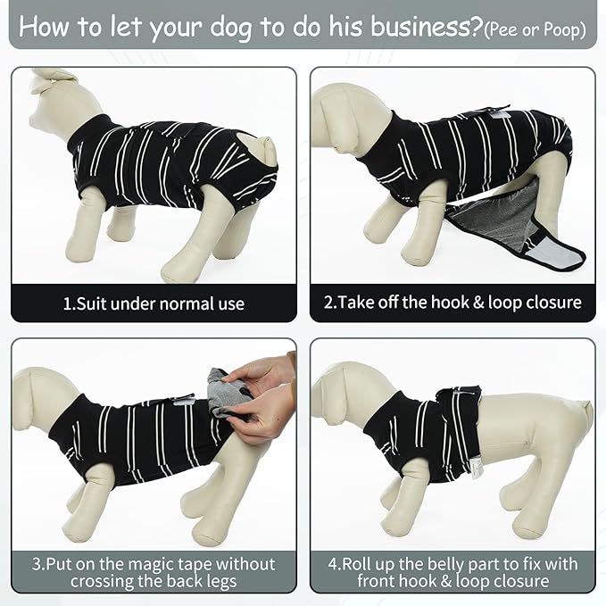 Kuoser Dog Surgery Recovery Suit for Female Male Dogs, Stripes Spay Neuter Anti-Licking Dog Onesie, Surgical Suit Snugly Pet Post Surgery Vest Bodysuit for Abdominal Wounds Skin Disease, Black XS