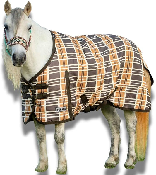 Jeffers Pony Poppins Solaris 1200 Denier Turnout Blanket Brown & Cream Plaid 57" - Waterproof, Breathable Horse Blanket with 0 gram Polyfill, No Insulation, Ideal Protection for Wind & Rain,