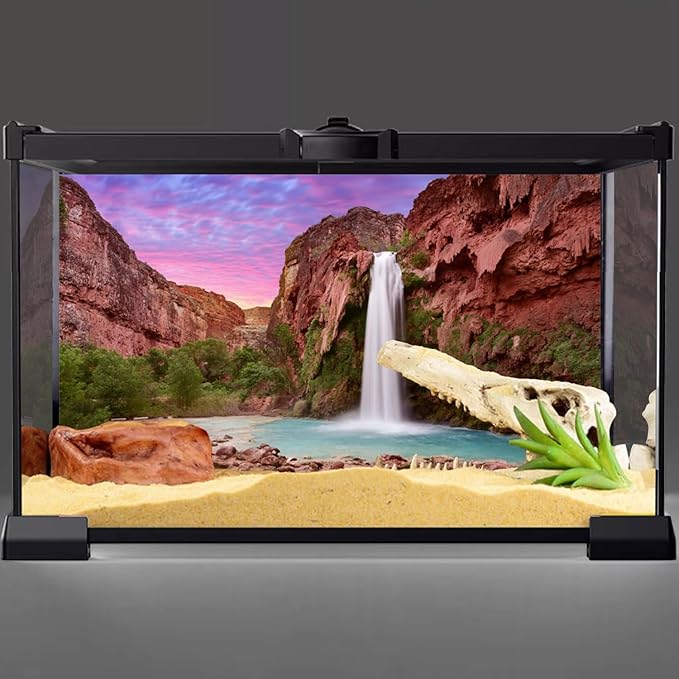 AWERT 24x12 inches Reptile Habitat Background Sunset Mountain Waterfall Terrarium Background Durable Polyester Background
