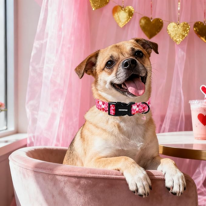 DOGWONG Valentine Dog Collar, Pink Heart Dog Collar, Girl Female Dog Collars with Strong Plastic Buckle for Large Dogs,XL