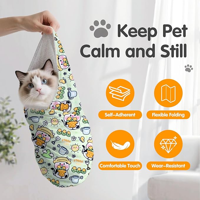 27.6" Large Cat Grooming Wrap, Cat Grooming Supplies, Cat Wrap for Cutting Nails, Self-Adhesive Cat Grooming Bag for Cats Within 15lbs Cat Restraint for Nail Clipping, Medicine Taking(Green)