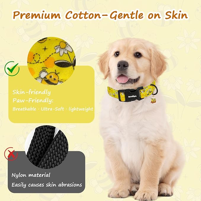 Yellow Dog Collar for Medium Dogs, Spring & Summer Theme Medium Dog Collars Featuring Bee Pollinating White Flowers Pattern, Adjustable Cotton Collar for Girl Boy Dogs -M