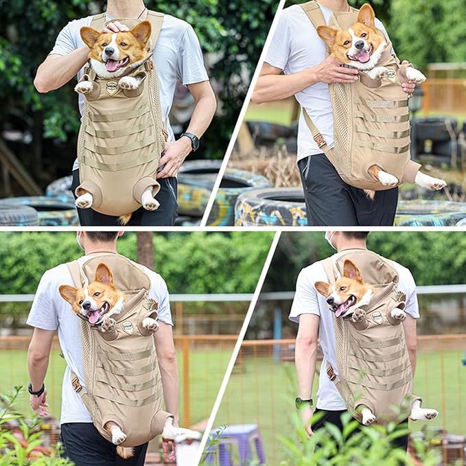 FLAdorepet Dog Carrier Tactical Backpack for Medium Large Dogs,Soft Hands-Free Legs Out Pet Front Cat Dog Carrier Backpack Travel Bag for Outdoor Traveling Hiking Camping (Medium, Khaki)