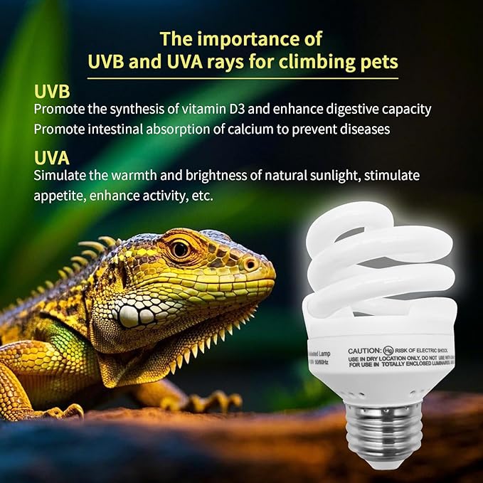 UVB Light Bulb for Reptiles, 9W 5.0 UVA UVB Heat Lamp Bulbs Ideal for Rainforest Reptiles, Bearded Dragons Lizard Turtle Tortoise Iguanas Chameleons Snake (2 Pack)