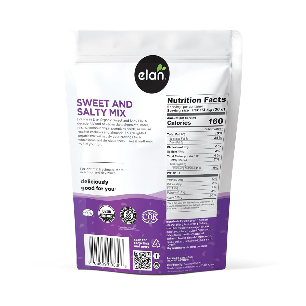 Elan Organic Sweet & Salty Mix, 5.3 oz, Non-GMO, Gluten-Free, Vegan, Kosher, Vegan Dark Chocolate, Dried Fruits (Raisins, Dates), Nuts (Roasted Cashews, Roasted Almonds) & Pumpkin Seeds