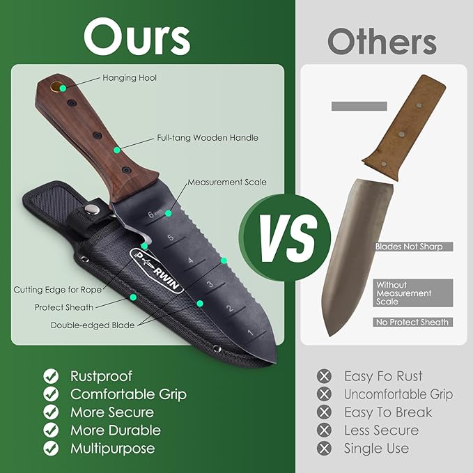 Hori Hori Garden Knife, Garden Tools with Sheath for Weeding, Planting, Digging, 7" Stainless Steel Blade with Cutting Edge, Full-Tang Wood Handle with Hanging Hole