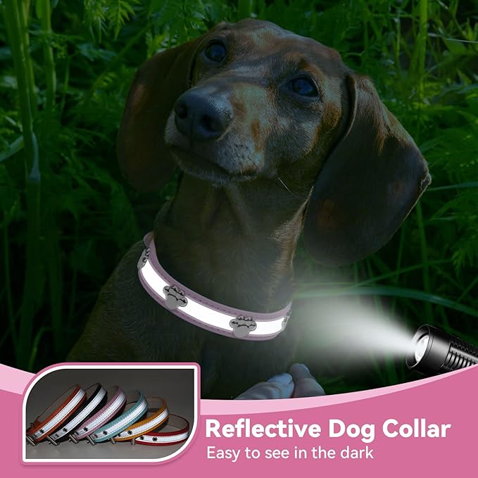 PETCARE Reflective Dog Collar with Cute Paw Rivet Studded Funny Soft PU Leather Adjustable Puppy Dog Collars for Small Medium Large Dogs Cats (Pink,Small)