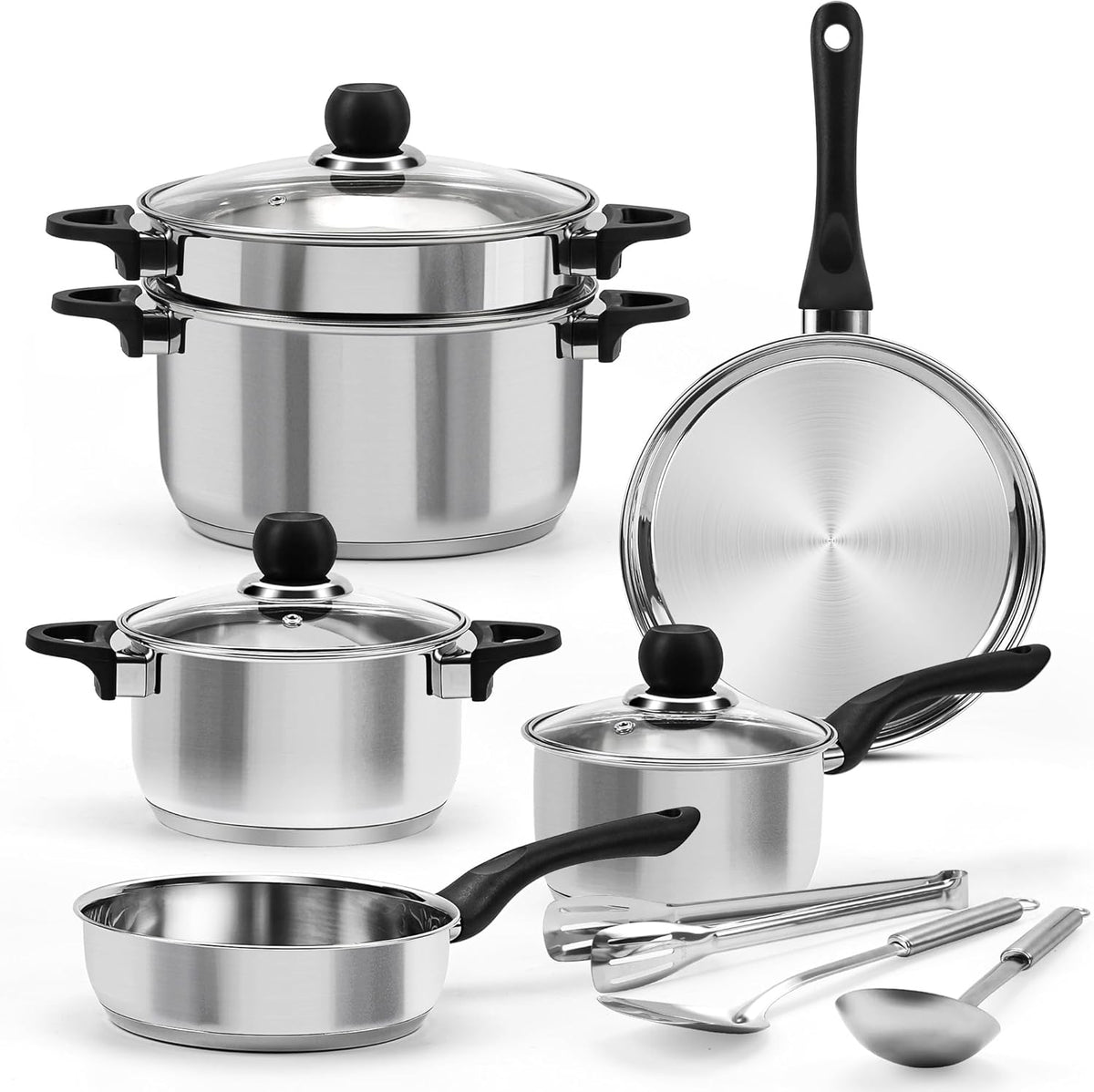 Stainless Steel Pots and Pans Set, 6 Piece Kitchen Induction Cookware Sets with Glass Lids, Works with Induction, Electric and Gas Cooktops, Non Toxic, Oven & Dishwasher Safe