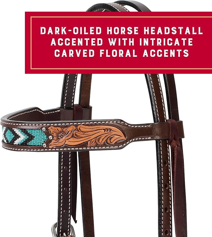 Weaver Leather Turquoise Diamond Beaded Horse Headstall, Leather Headstalls for Horses for Trail Riding, Durable Equine Supplies, Dark Oil