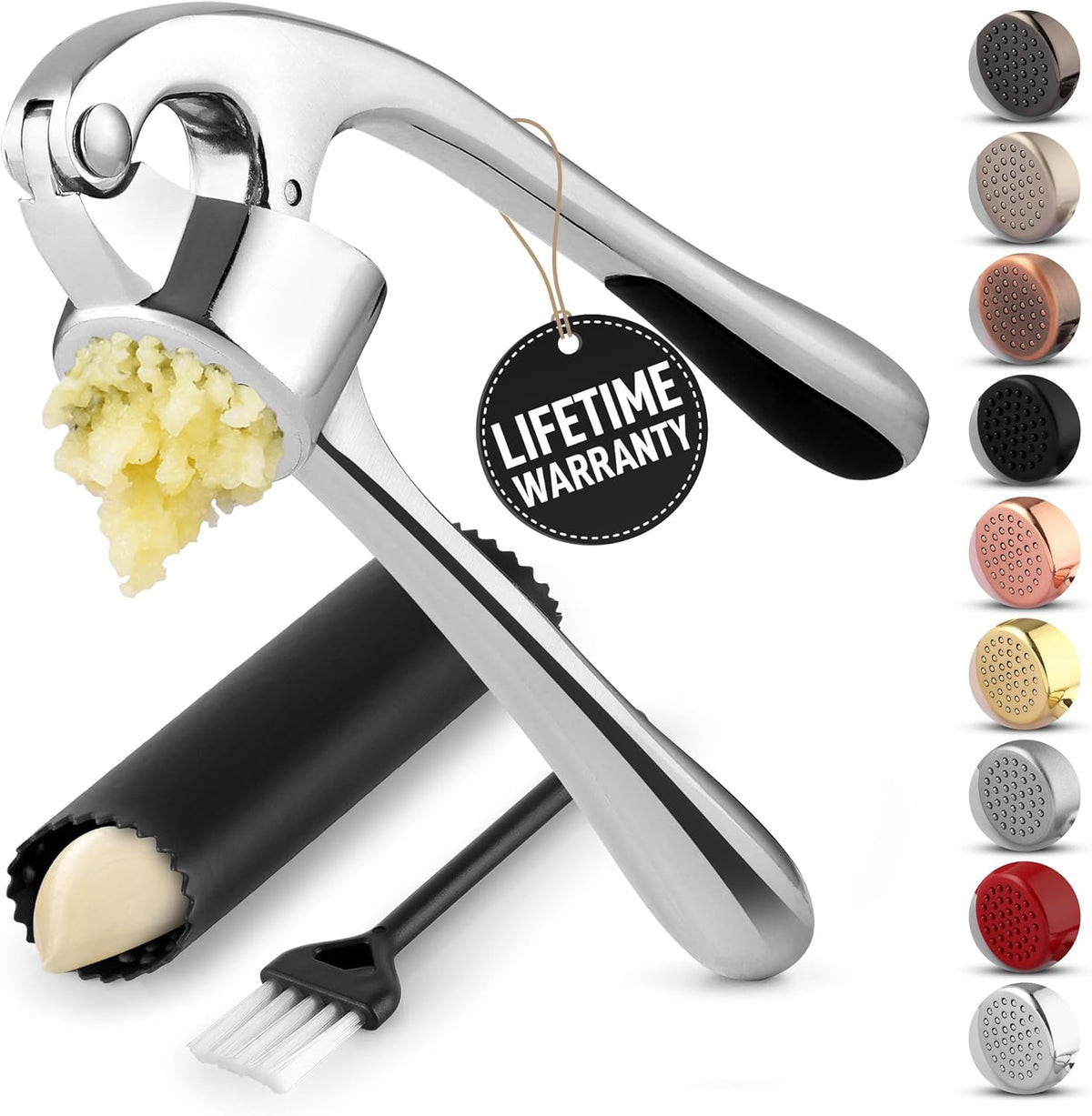 Zulay Kitchen Premium Garlic Press Set - Rust Proof Professional Garlic Mincer Tool - Easy-Squeeze, Easy-Clean with Soft, Ergonomic Handle - Silicone Garlic Peeler & Brush (Silver)