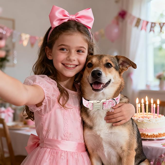 DOGWONG Pink Plaid Dog Collar-Cute Pink Bowtie Print Dog Collar, Adjustable Cotton Girl Female Pet Collar Pink Puppy Collars with Quick Release Buckle,XS