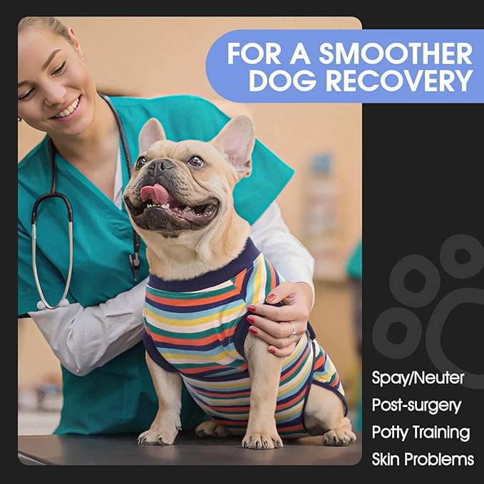 FUAMEY Recovery Suit for Dogs After Surgery,Soft Breathable Dog Bodysuit E-Collar & Cone Alternative Surgical Suit,Male Female Dog Neuter Spay Suits Anti Licking Wounds Onesie Dark Blue Stripes XXL
