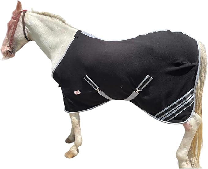 Majestic Ally Anti Pill Fleece Horse Blanket/Sheet with Silver Braided Rope (Black, 70)
