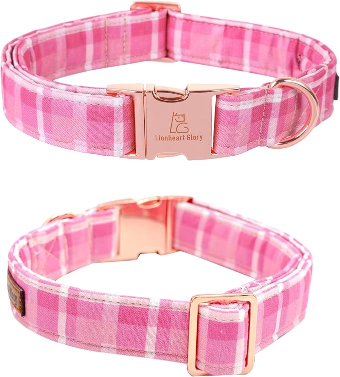 Lionheart glory Pink Plaid Dog Collar, Adjustable Dog Collar with Bowtie, Pet Gift Girl Collar for Dog Soft Bowtie Dog Collars for Medium Dogs