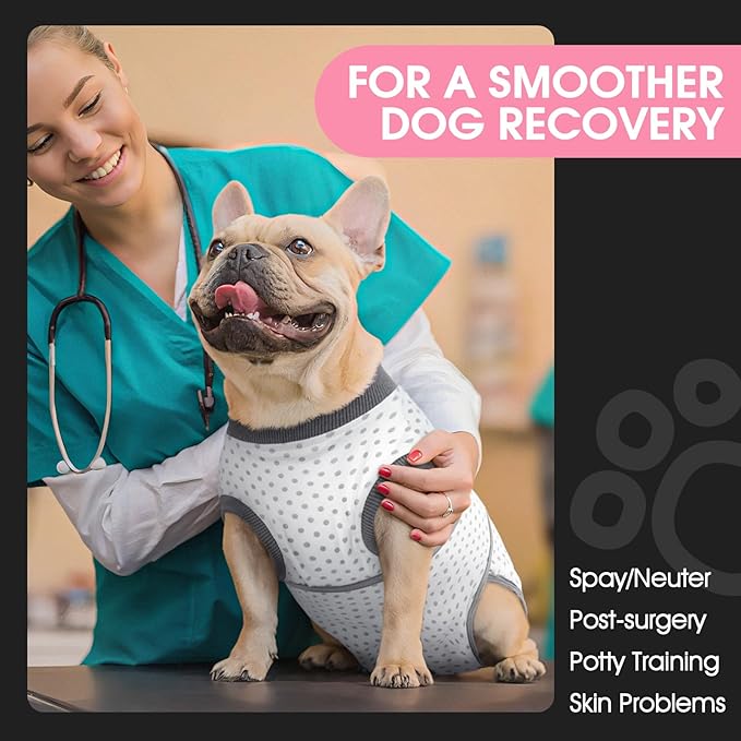 FUAMEY Dog Recovery Suit Male,Dogs Surgery Neuter Suits Puppy Spay Shirts for Female Protect Dog's Skin Anti Licking Abdominal Wounds Doggie Onesie Pet Bodysuit Alternative to Cone Polka Dot XS