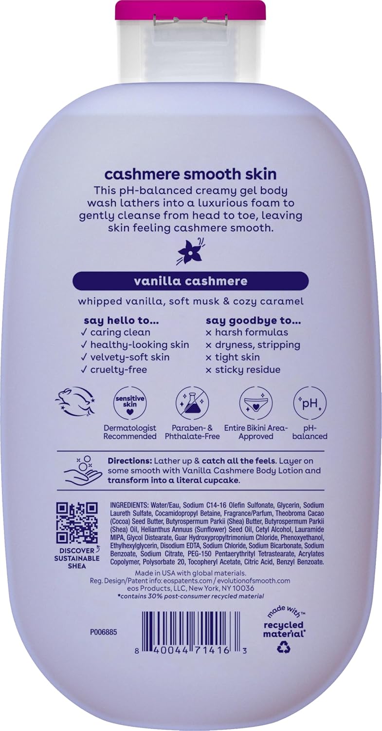 eos Body Wash, Vanilla, Moisturizing Creamy Gel Formula with Shea Butter, Glycerin, Vitamin E, pH Balanced, Sensitive Skin, Vegan, 16 fl oz
