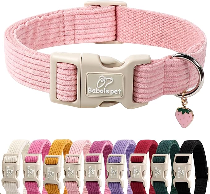 Cute Corduroy Dog Collar - Pink Adjustable Dog Collars for Small Dogs 10-25lbs, Fade-Proof with Secure Snap & Little Charm, Christmas Birthday Gift, S