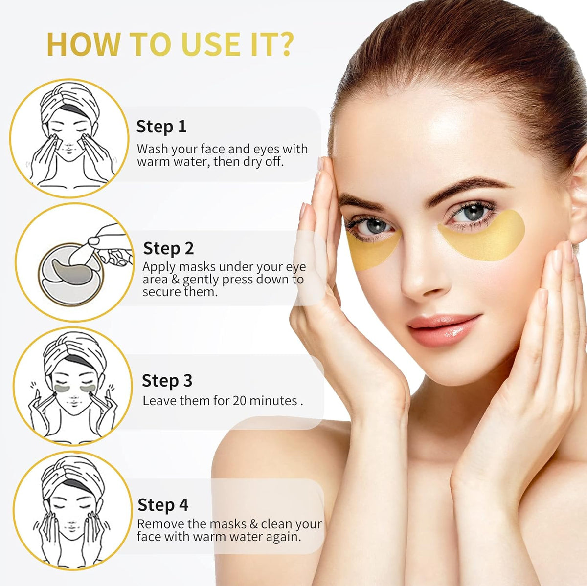 24K Gold Under Eye Patches – 60pcs for Dark Circles, Puffiness & Wrinkles Care