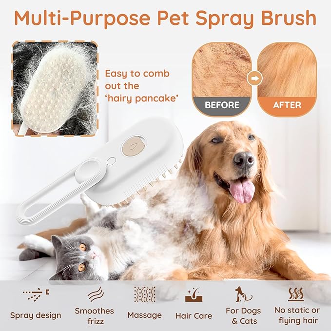 GKZ Cat Steam Brush, 3 in 1 Pet Comb for Massage, Cleaning, Shedding and Combing, Electric Mist to Prevent Flyaways for Home, Dogs and Cat Lovers - White
