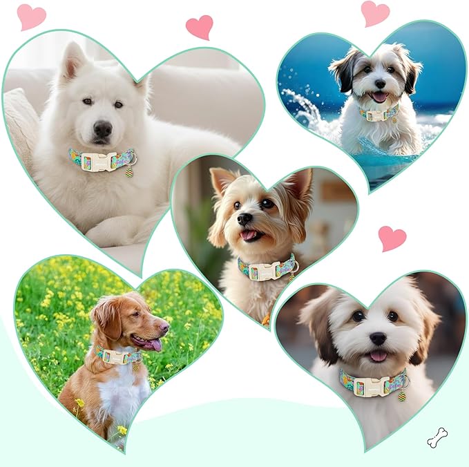 Easter Dog Collar for Small Dogs, Adjustable Green Small Dog Collar with Colorful Eggs Pattern, Cute Easter Dog Collars Girl Boy Collar for Dogs -S