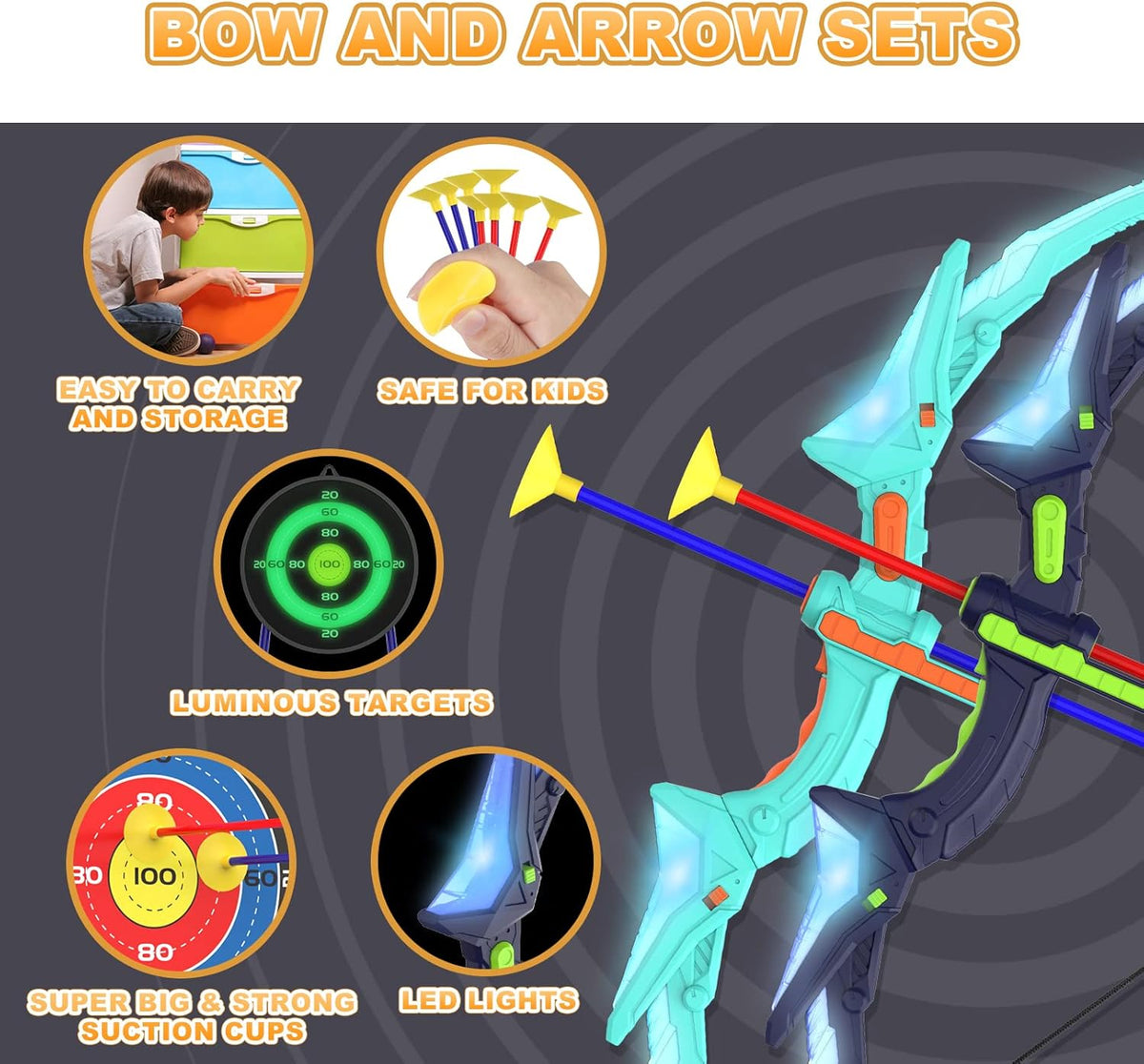 2 Pack Kids Bow and Arrow Set with LED Flash Lights, 14 Suction Cup Arrows and Fluorescence Standing Target-Perfect Indoor and Outdoor Game Archery Set Toy Gift for 4 5 6 7 8-12 Year Old Boys