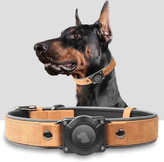 AirTag Dog Collar - Leather Dog Collar with Air Tag Holder | IPX8 Waterproof, Reflective, High - End, Adjustable Soft Padded | Dog GPS Tracker Collars Fit for Medium Large Dogs (Light Brown, M)