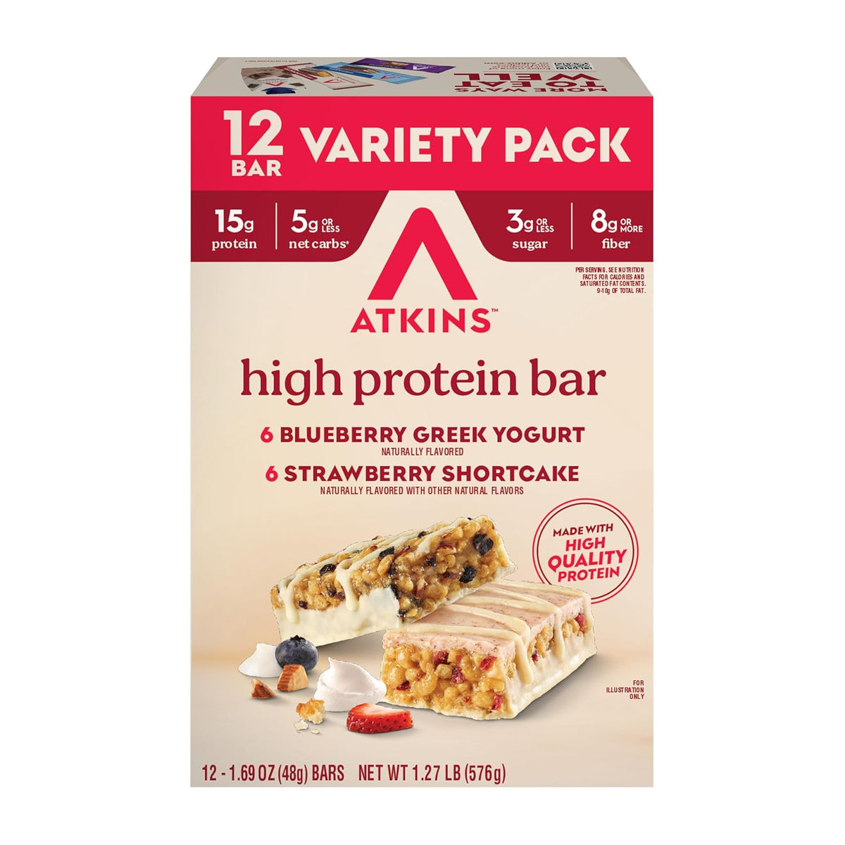 Atkins Chocolate Chip Granola Protein Bar, High Fiber, Low Sugar, 17g Protein, 3g Net Carb, High Protein Bars, Keto Friendly, 12 Count