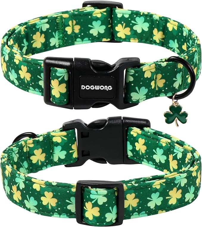 DOGWONG St Patrick's Day Dog Collar-Cute Green Clovers Dog Collars, Adjustable Shamrock Pet Collars Trefoil Puppy Collars with Quick Release Buckle for Girl&Boy Dogs,L