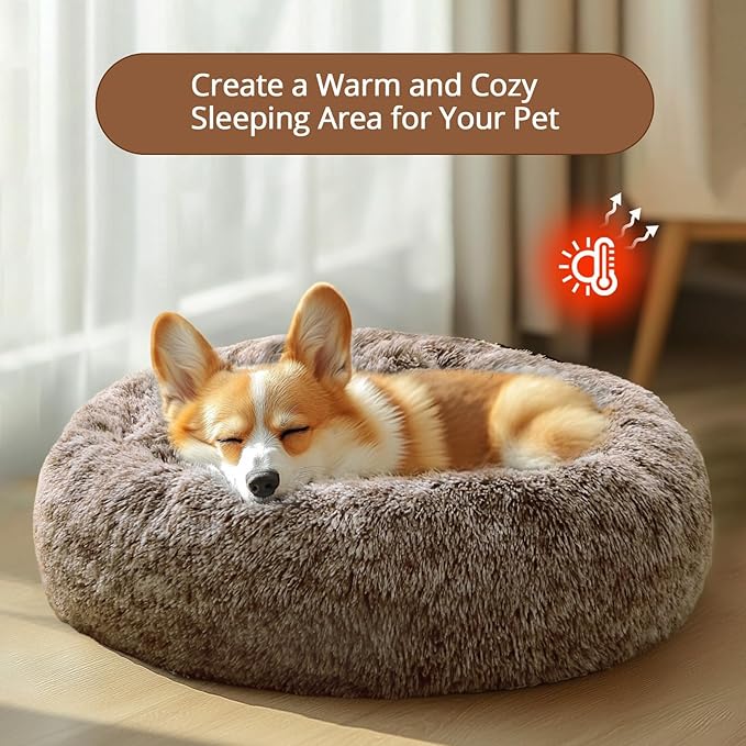 JOLLYVOGUE Medium Calming Dog Bed, Anti-Anxiety Donut Cuddler Cat Bed with Anti-Slip Bottom, Fluffy Faux Fur Machine Washable Pet Cushion for Medium Large Dog & Cat, 31"/Smoke Brown