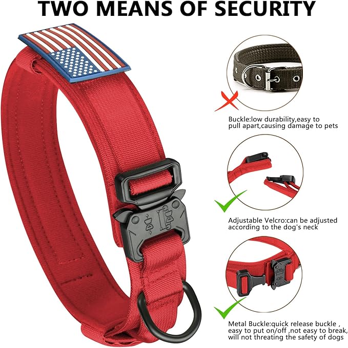 DAGANXI Tactical Dog Collar, Adjustable Military Training Nylon Dog Collar with Control Handle and Heavy Metal Buckle for Medium and Large Dogs, with Patches and Airtags Case (Red, XL)