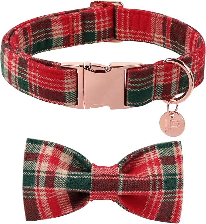 Christmas Plaid Dog Collar with Bow Tie– Adjustable Red & Green Checkered Dog Collar for Small Medium Large Dogs, Soft Xmas Plaid Puppy Collars with Quick Release Buckle XS