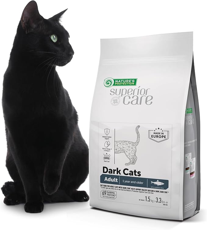 Nature's Protection Dry Cat Food - Grain Free, High Protein Cat Food Dry Kibble for Indoor Adult Cats with Dark Fur - Sensitive Stomach, No Tear Stains & Hairball (Superior Care - Herring, 3.3 lb)