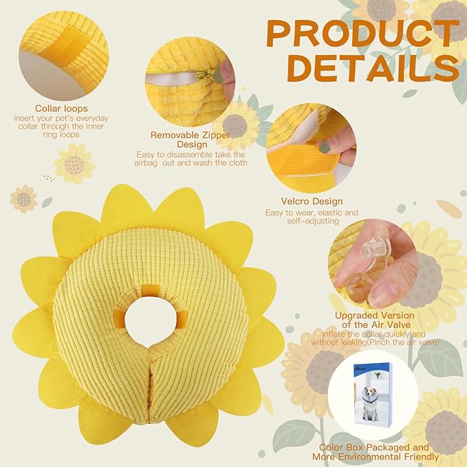 IEUUMLER Inflatable Recovery Dog Collar, Protective Donut Cone, Adjustable Soft Collar for Dog and Cat After Surgery Prevent from Biting & Scratching EU002 - Sunflower M