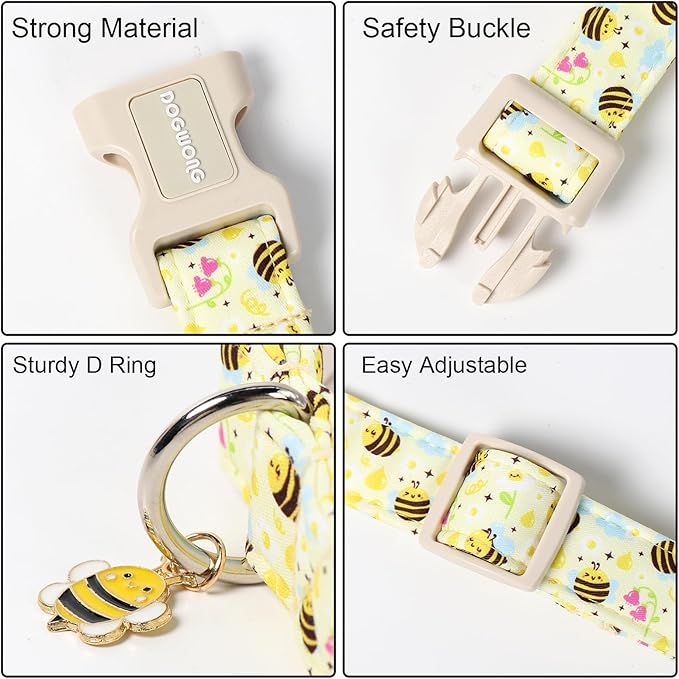 DOGWONG Spring Summer Dog Collar- Bee Flower Dog Collar, Adjustable Soft Girl Boy Dog Collar for Small Medium Dogs, M