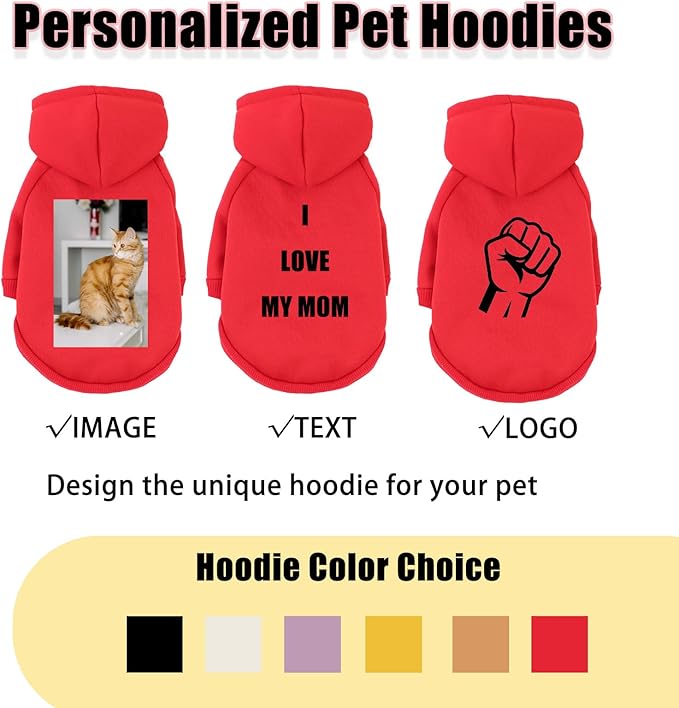 Custom Dog Hoodie, Personalized Sweatshirt with Photo Text Name Logo, Customized Hooded Sweater for Small Medium Large Dogs & Cats (Red, XXXX-Large)