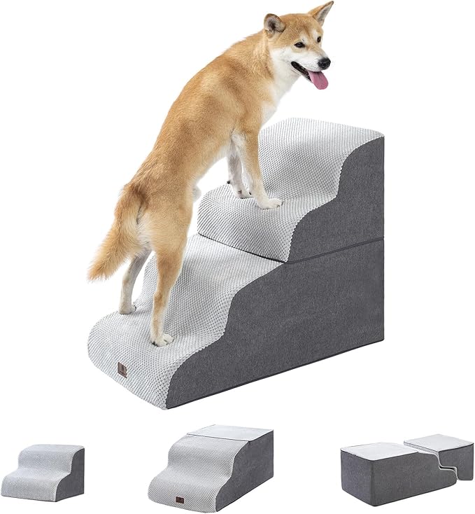 Pettycare Dog Stairs Ramp for High Beds and Couch,Curved Dog Steps for Small Pets, Pet Stairs Non-Slip Balanced Portable Puppy Ramp Indoor, 4 Steps,Grey