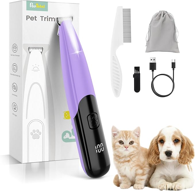 Dog Paw Trimmer with LED Light, 35dB Low Noise Paw Trimmers for Dog's Feet, 2 Speed Safety Electric Dog Clippers for Grooming, Rechargeable Cat Shaver for Paws, Ears, Face, Rump
