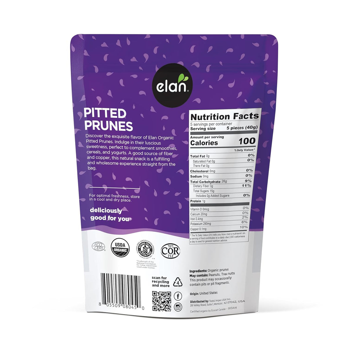 elan organic pitted prunes, 7.9 oz, naturally sweet, dried fruit, healthy snack, no sugar added, non-gmo