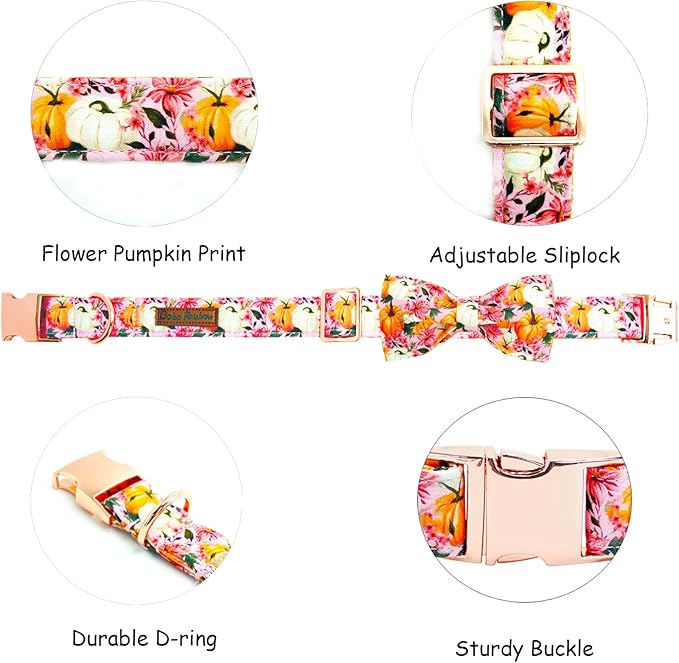 Fall Dog Collar, Pink Flower Pumpkin Print Adjustable Pet Collar Cute Cotton Soft Collars with Bow Tie Metal Buckle Holiday Puppy Collars Boy&Girl Gift for X-Large Dogs