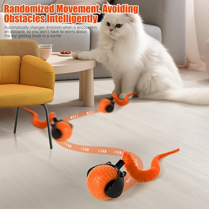 nteractive Cat Ball Toy, Cat Toy Ball with Cord Imitation Mouse, Obstacle Avoidance Smart CatToy Balls, Motion Activated Toys to Keep Them Busy (Orange, 1)
