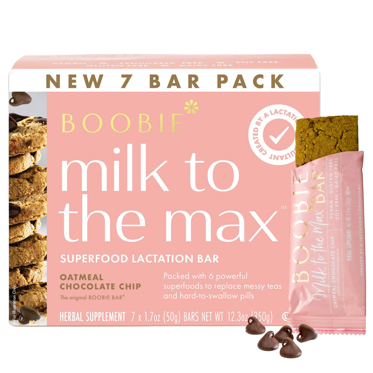 Boobie Superfood Oatmeal Chocolate Chip Cookie Lactation Bar for Breastfeeding Moms to Increase Milk Supply | #1 Selling Lactation Snack Bars | Vegan, Fenugreek-Free, Gluten-Free, Dairy-Free (12 Bars)