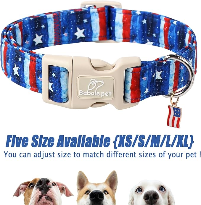 4th of July Dog Collar, Stars & Stripes Patriotic Dog Collars for Small Dogs, Adjustable Lightweight Quick-Release Buckle Collar for Boy&Girl Dogs S