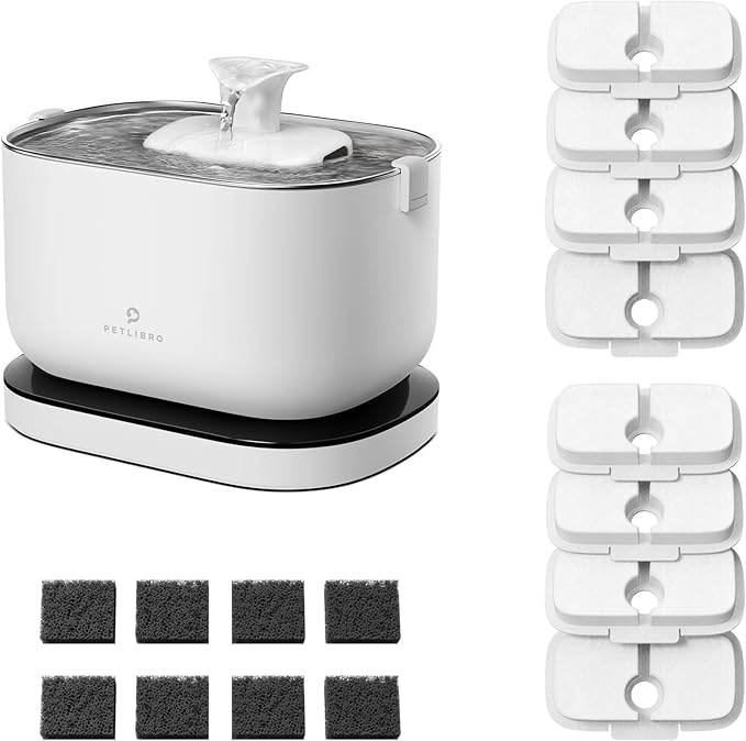 Bundle of PETLIBRO Cat Water Fountain, Cordless Pet Water Fountain Battery Operated+8 Packs Replacement Filters for Dockstream Cat Water Fountain WF005 WF115 WF105, 4 Months Set of Replacement Filters