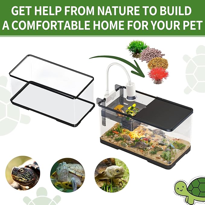 (Tank + Light + Filter Balls) Turtle Tank Kit, Turtle Tank Starter Kit,Bottom Drainage, Multi-Function Areas for Turtles, Crabs,Fishes, Amphibians,Reptiles. (11.81 × 7.88 × 7.88 Inch)