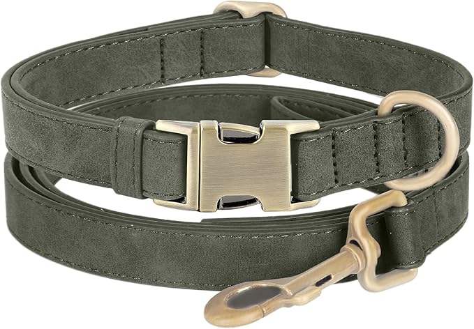 Genuine Leather Dog Collar - Adjustable Pet Collar with Quick Release Metal Buckle, Soft Skin Friendly Real Leather Collar for Small, Medium, Large Dogs (Dark Green Collar + Rope, S：Fit 8-16" Neck)
