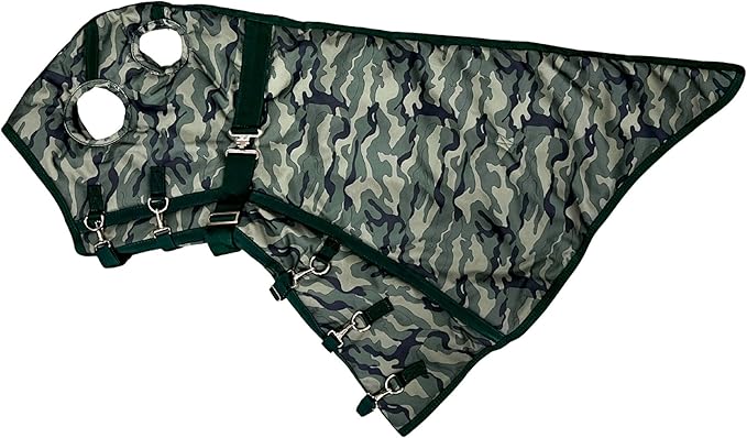 AJ Tack 1200D Waterproof Winter Horse Blanket with Hood - 400g Heavyweight Turnout with Fleece Collar, Shoulder Gussets & Tail Flap - Camouflage 78"