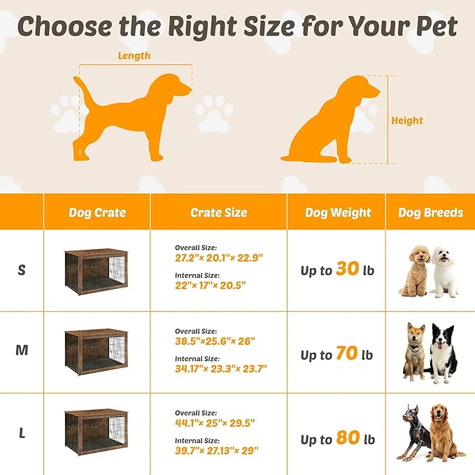 Dog Kennel Furniture, Wooden Dog Crate End Table, Heavy Duty Dog Crate, Decorative Pet Crate Dog Cage for Large Indoor Use (Rustic Brown) 27" L×20" W×23" H